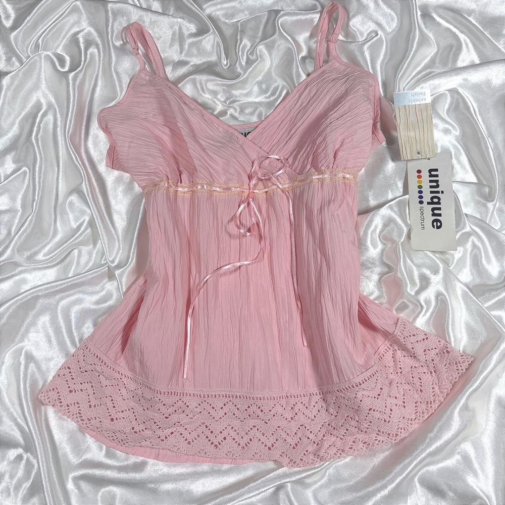 y2k Camisole Pink NWT Crinkle Lace Trim Empire Waist Unique Spectrum XL